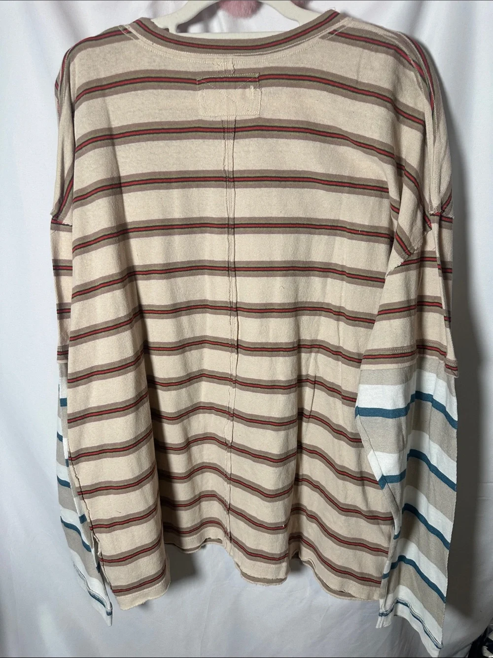 We The Free Beige Long Sleeve Striped Tee with Red and Blue Accents